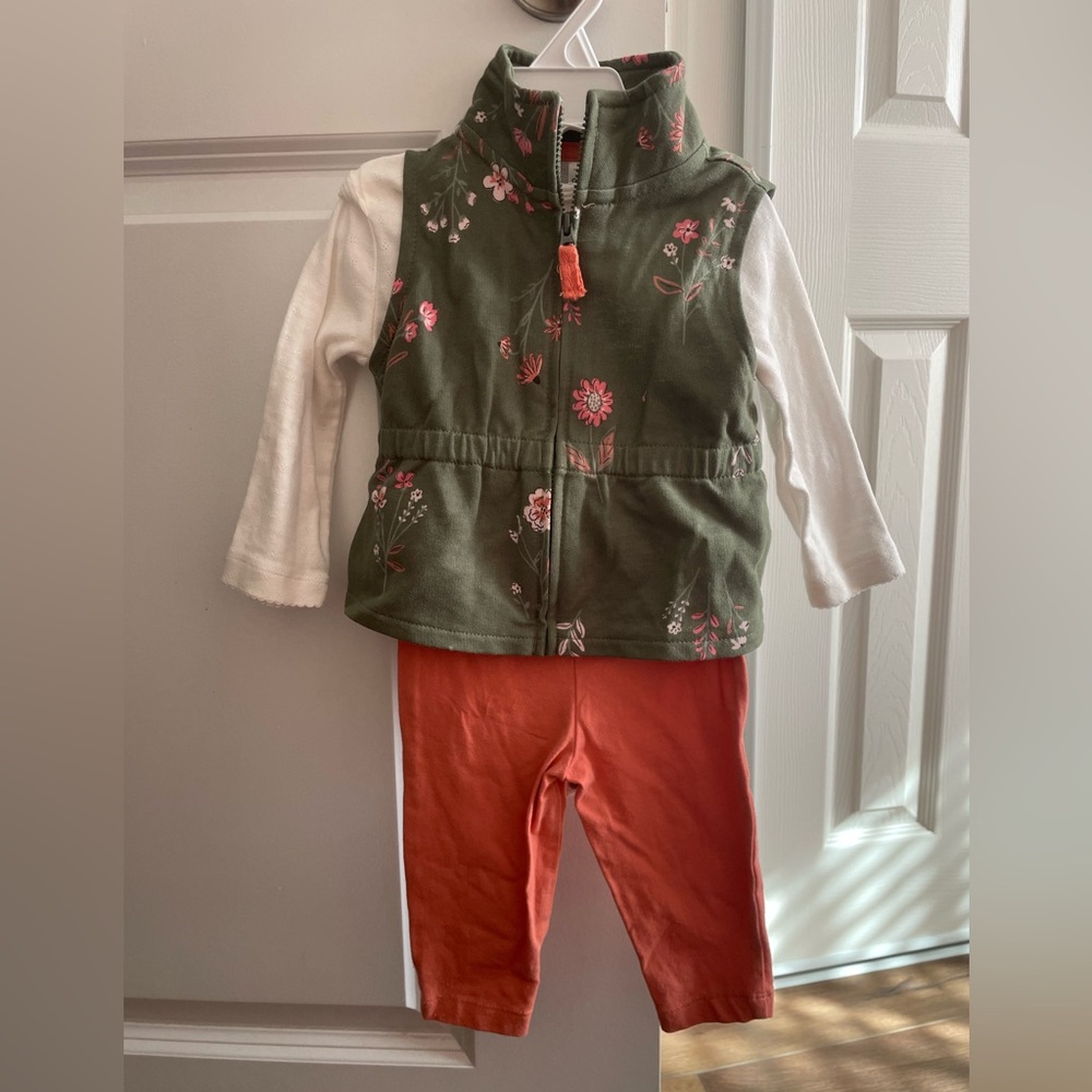 Carter's Green Floral Vest Set with Orange Pants